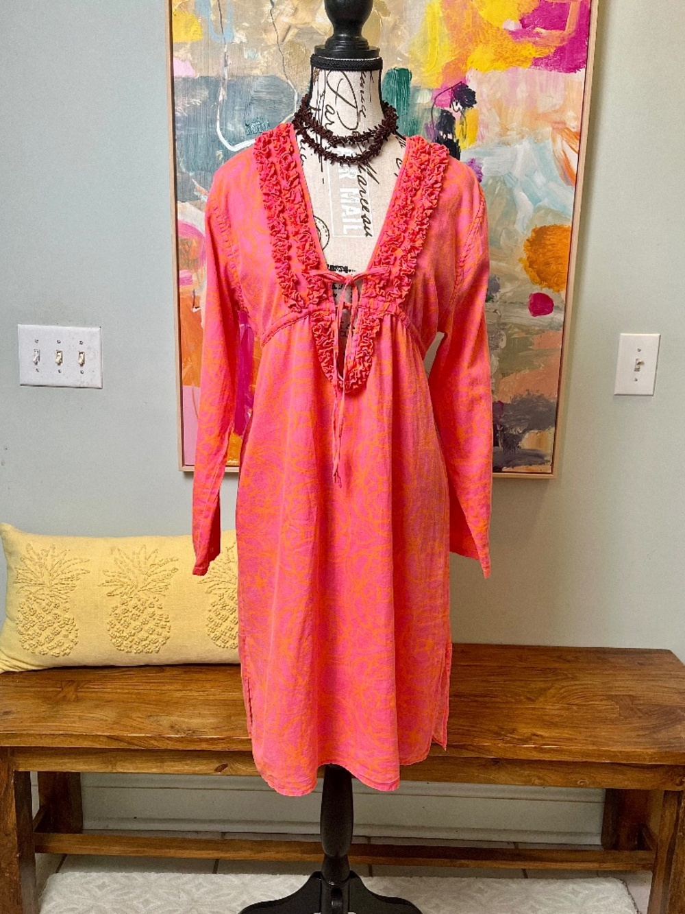 Mud Pie Bag Lady Pink Orange Ruffle Linen Tunic Kaftan Dress S/M